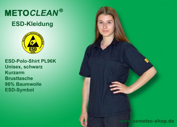 METOCLEAN ESD-Polo-Shirt PL96K, black, short sleeves, unisex - www.asmetec-shop.de