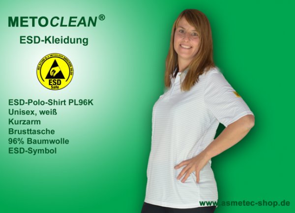 METOCLEAN ESD-Polo-Shirt PL96K, white, short sleeves, unisex - www.asmetec-shop.de