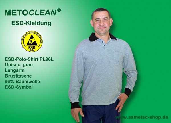 METOCLEAN ESD-Polo-Shirt PL96L, grey, long sleeves, unisex - www.asmetec-shop.de