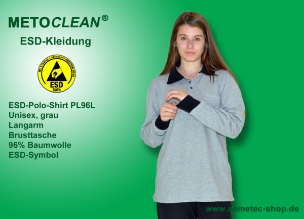METOCLEAN ESD-Polo-Shirt PL96L, grey, long sleeves, unisex - www.asmetec-shop.de