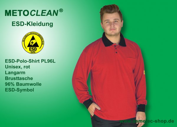 METOCLEAN ESD-Polo-Shirt PL96L, red, long sleeves, unisex - www.asmetec-shop.de