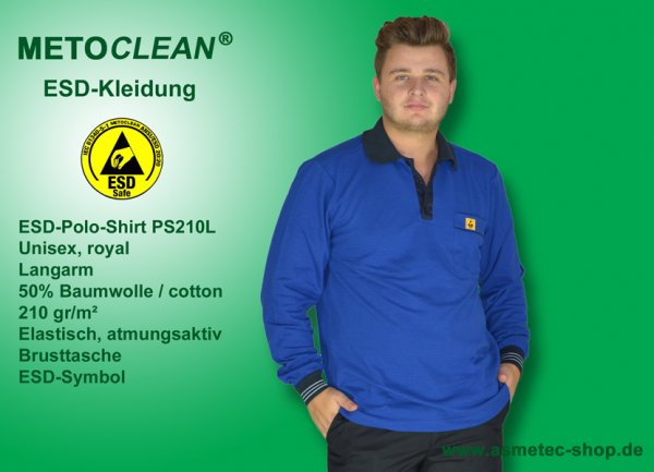METOCLEAN ESD-Polo-Shirt PS210L-RB, royal blue, long sleeves, unisex - www.asmetec-shop.de
