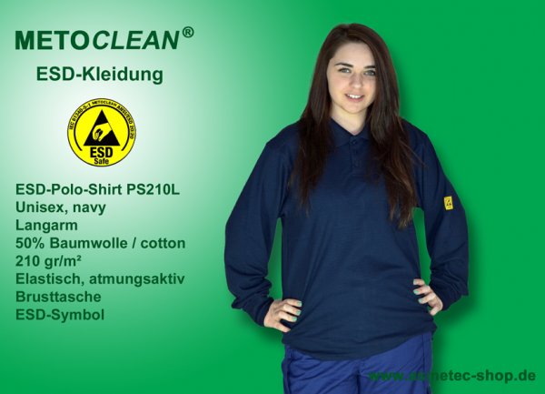 METOCLEAN ESD-Polo-Shirt PS210L-NB, navy, long sleeves, unisex - www.asmetec-shop.de