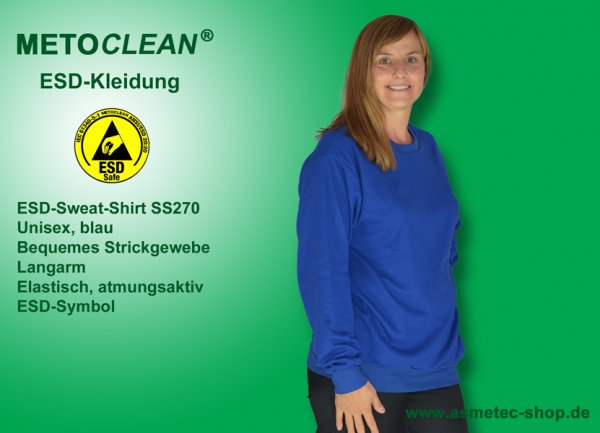 METOCLEAN ESD-Sweat-Shirt SS270-RB, royal blue, long sleeves, unisex - www.asmetec-shop.de