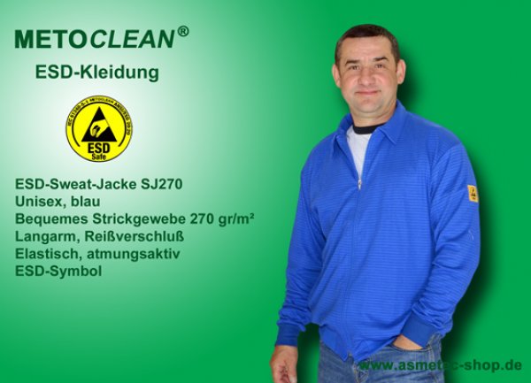 METOCLEAN ESD-Sweat-jacket SJ270-RB, royal blue, long sleeves, unisex - www.asmetec-shop.de
