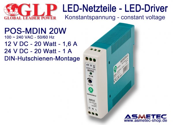 LED-Netzteil POS MDIN-20W12, 12 VDC, 20 Watt - www.asmetec-shop.de