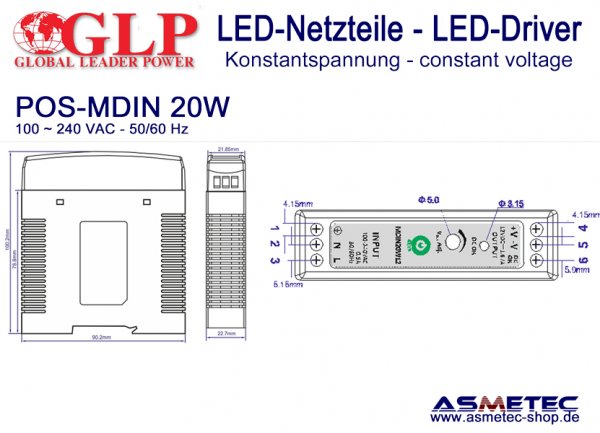 LED-Netzteil POS-MDIN  20W12, 12 VDC, 20 Watt, DIN-Hutschiene