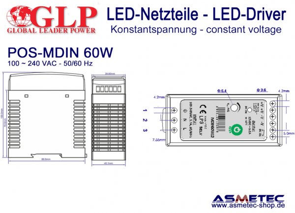 LED-driver POS-MDIN 60W24, 24 VDC, 60 Watt, DIN-Rail