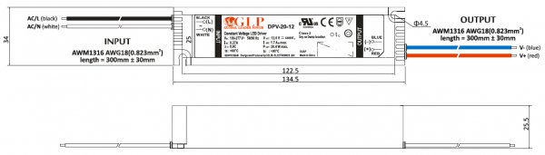 LED-driver GLP - DPV-20-12, 12 VDC, 20 Watt - www.asmetec-shop.de