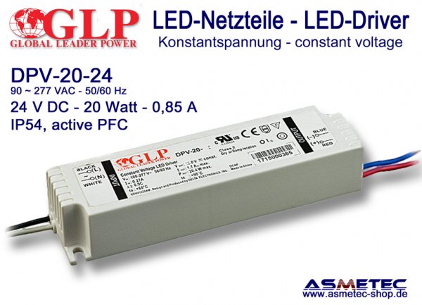 LED-driver GLP - DPV-20-24, 24 VDC, 20 Watt - www.asmetec-shop.de