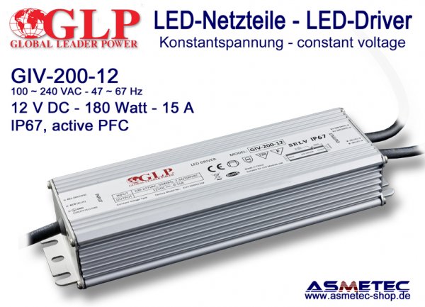 LED-driver GLP - GIV-200-12, 12 VDC, 180 Watt - www.asmetec-shop.de