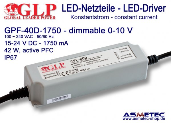 LED-driver GLP - GPF-40D-1750, 1750 mA, 42 Watt , dimmable- www.asmetec-shop.de