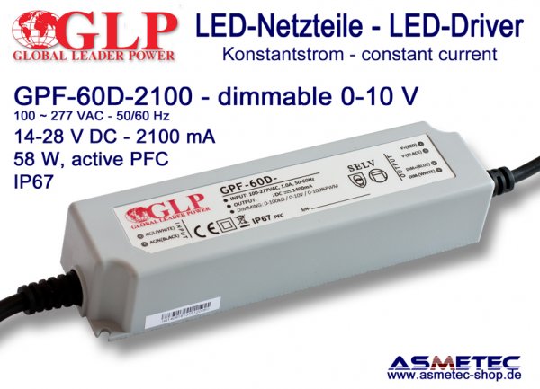 LED-driver GLP - GPF-60D-2100, 2100 mA, 58 Watt , dimmable- www.asmetec-shop.de