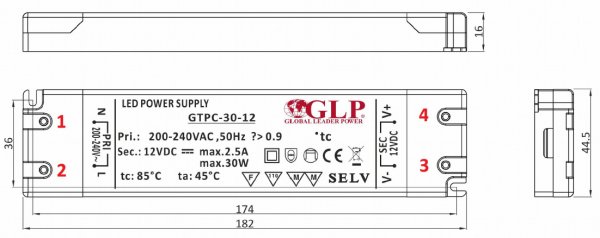 LED-driver GLP - GTPC-30-12, 12 VDC, 30 Watt - www.asmetec-shop.de