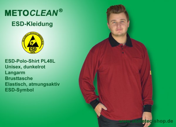 METOCLEAN ESD-Polo-Shirt PL48L-DR, red, long sleeves, unisex - www.asmetec-shop.de