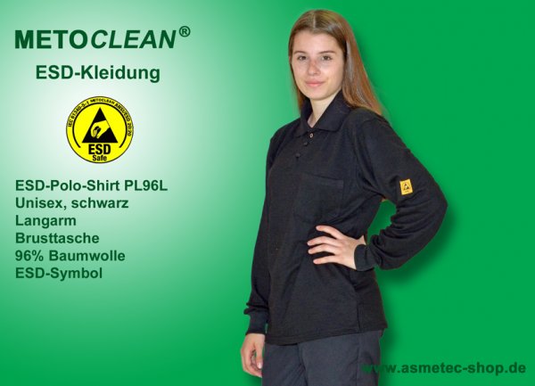 METOCLEAN ESD-Polo-Shirt PL96L, black, long sleeves, unisex - www.asmetec-shop.de