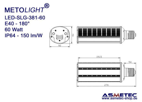 METOLIGHT LED-street bulb SLG381, 60 Watt, 180°, warm white, IP64 - www.asmetec-shop.de